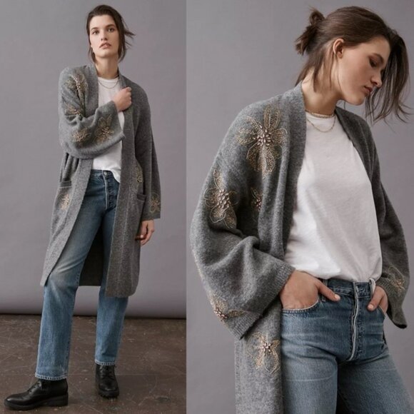 Anthropologie Roxanna Embellished Beaded Duster Cardigan Gray One Size - Picture 1 of 13